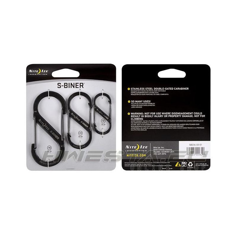 NiteIze S-biner ruostumaton teräs, 3 kokoa, musta